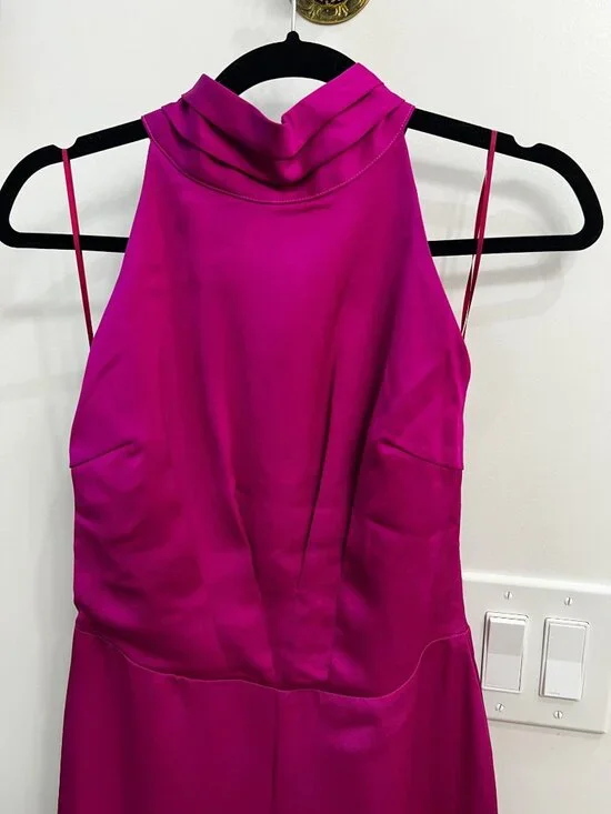 HARLYN Tie Back High Neck Satin Jumpsuit Size S Magenta Event Cocktail Wedding - Picture 6 of 11